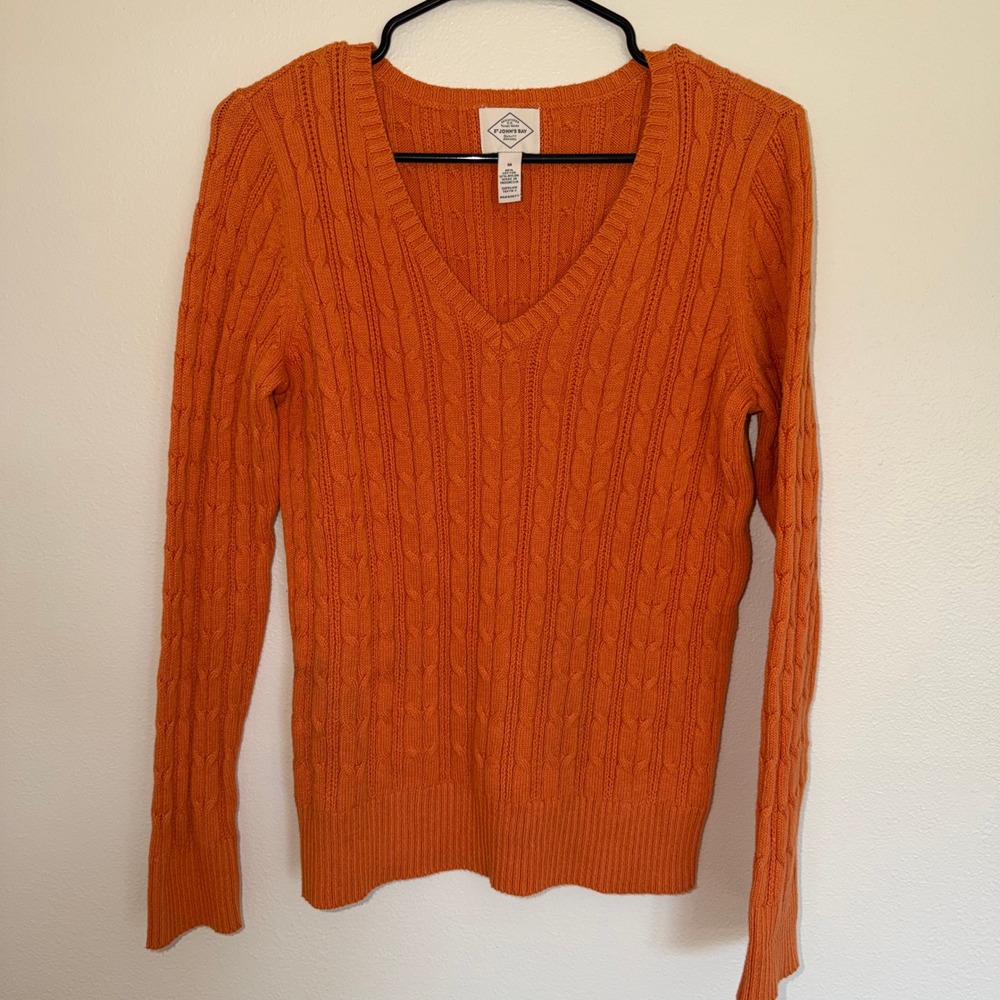 St Johns Bay Womens Orange Cable Knit V-Neck Pullover Sweater Size M